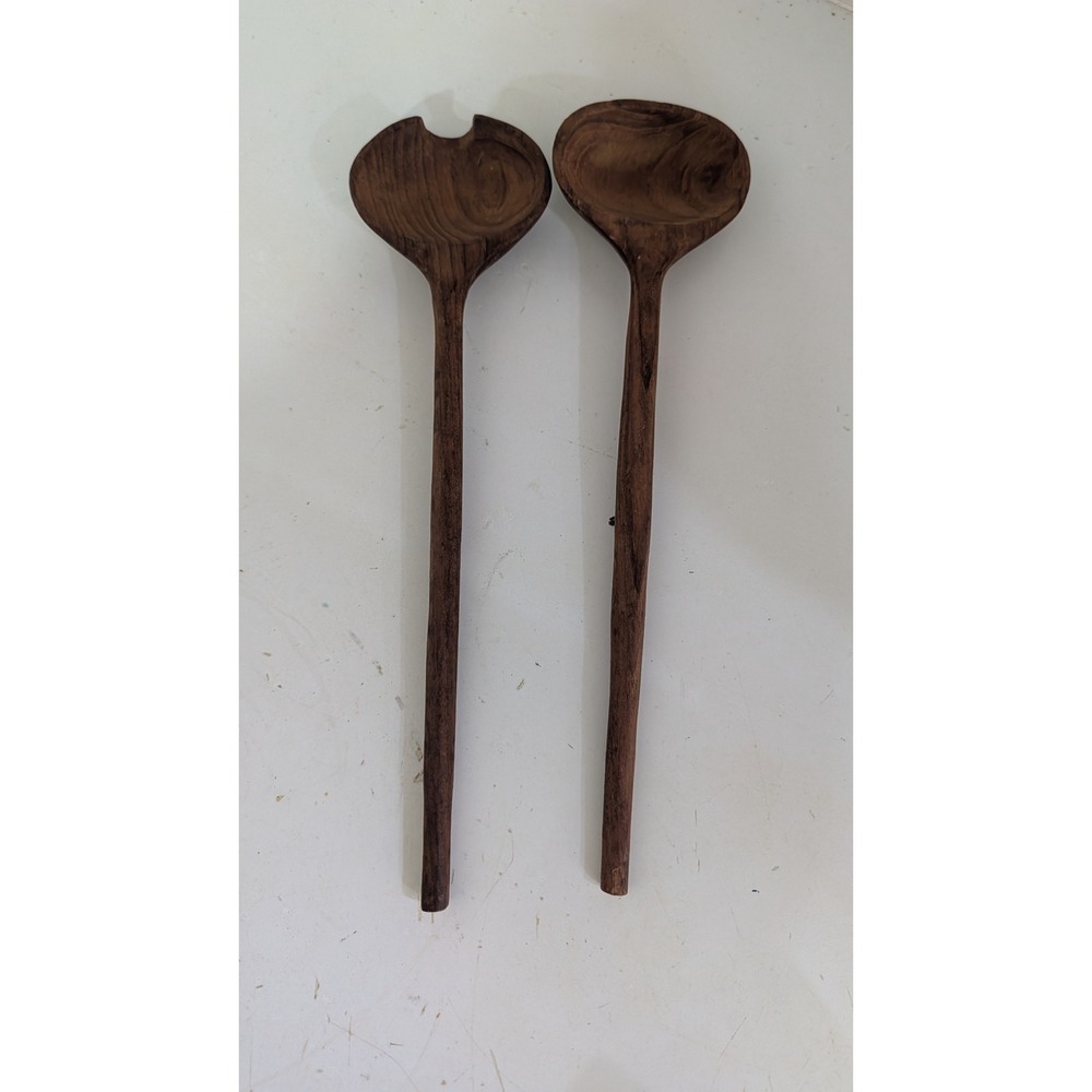 Vintage Hand Carved Dark Wood Salad Servers Set 12" Long Handle Organic Grain